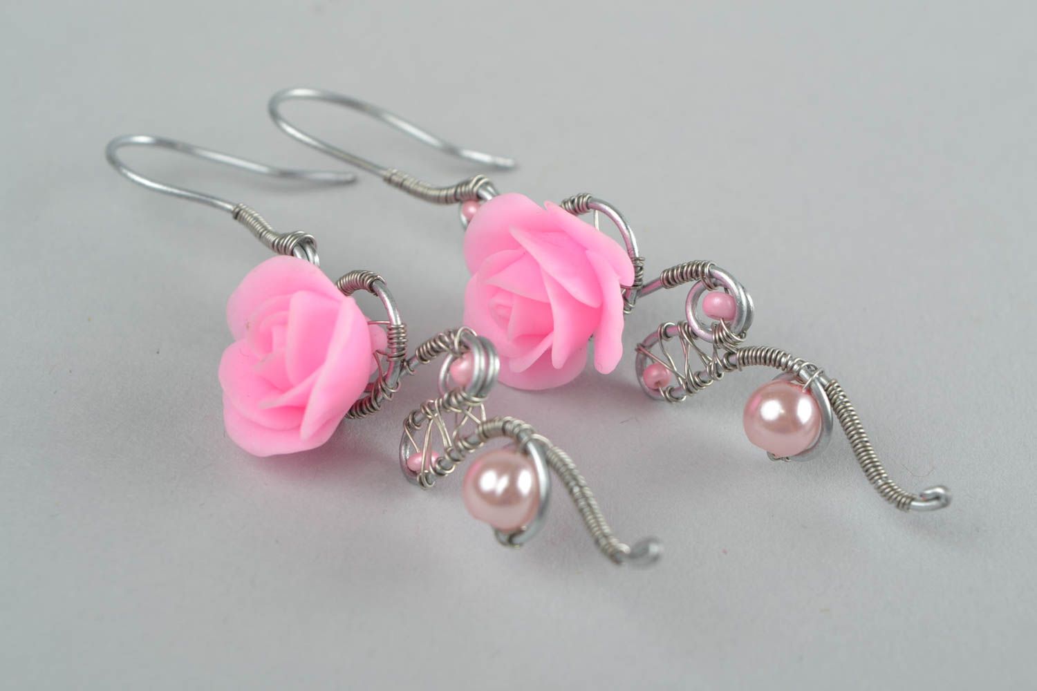 Handmade wire wrap earrings with pink polymer clay flowers Roses photo 3