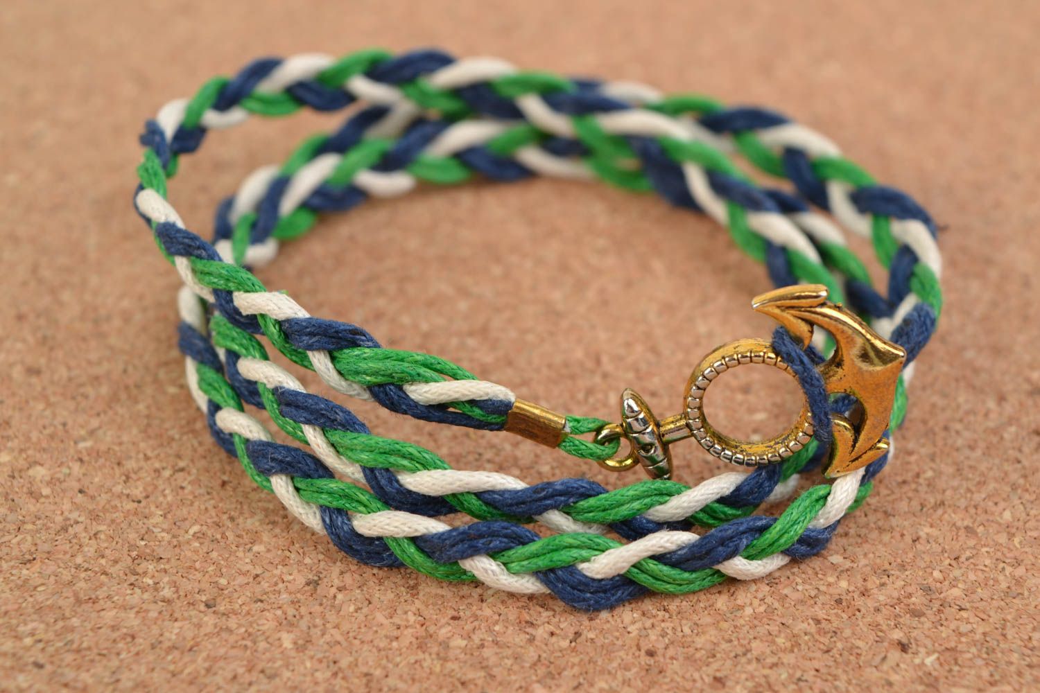 Handmade woven waxed cord bracelet with metal insert in the shape of anchor photo 1