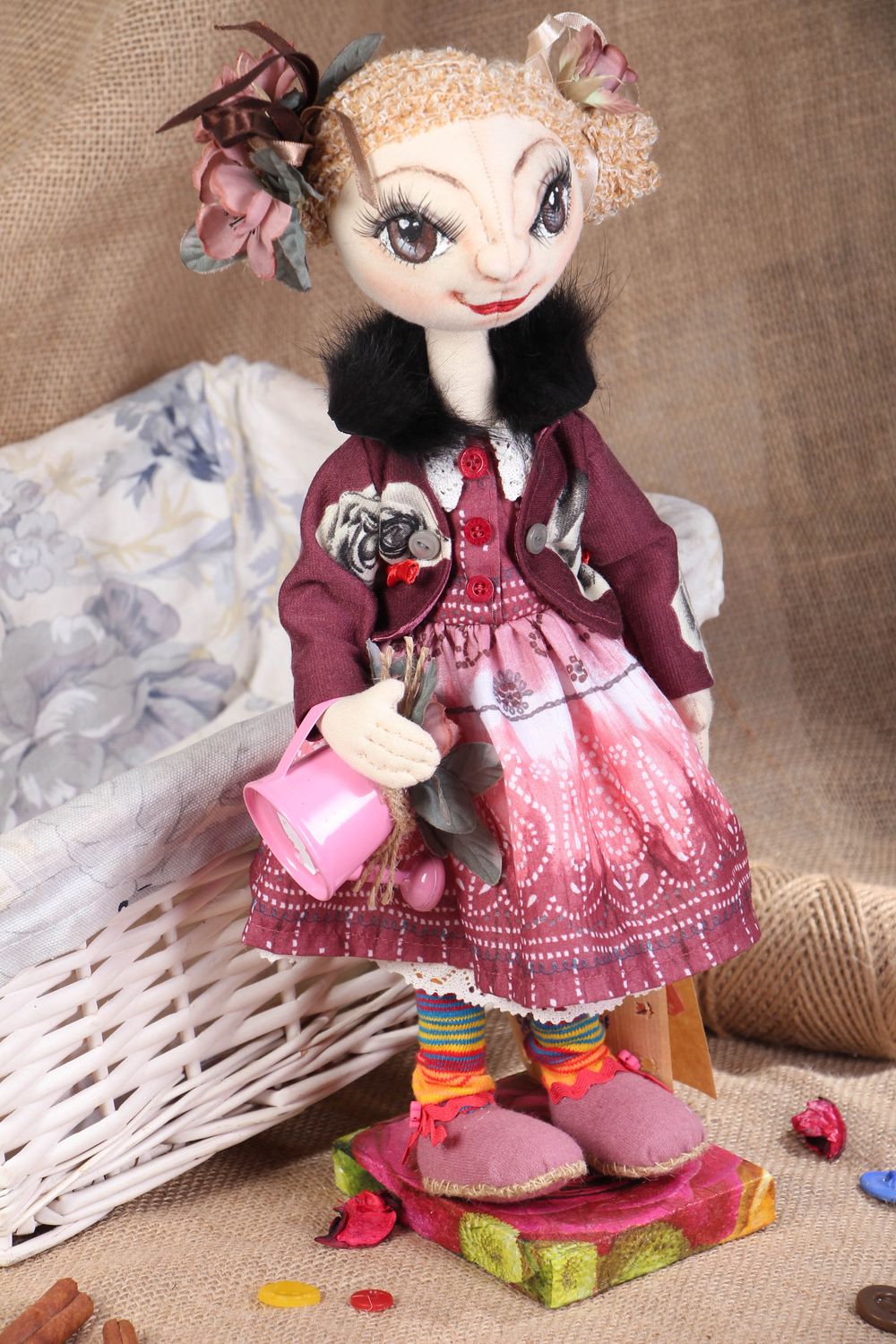 Handmade designer soft doll with stand Zoryana photo 5