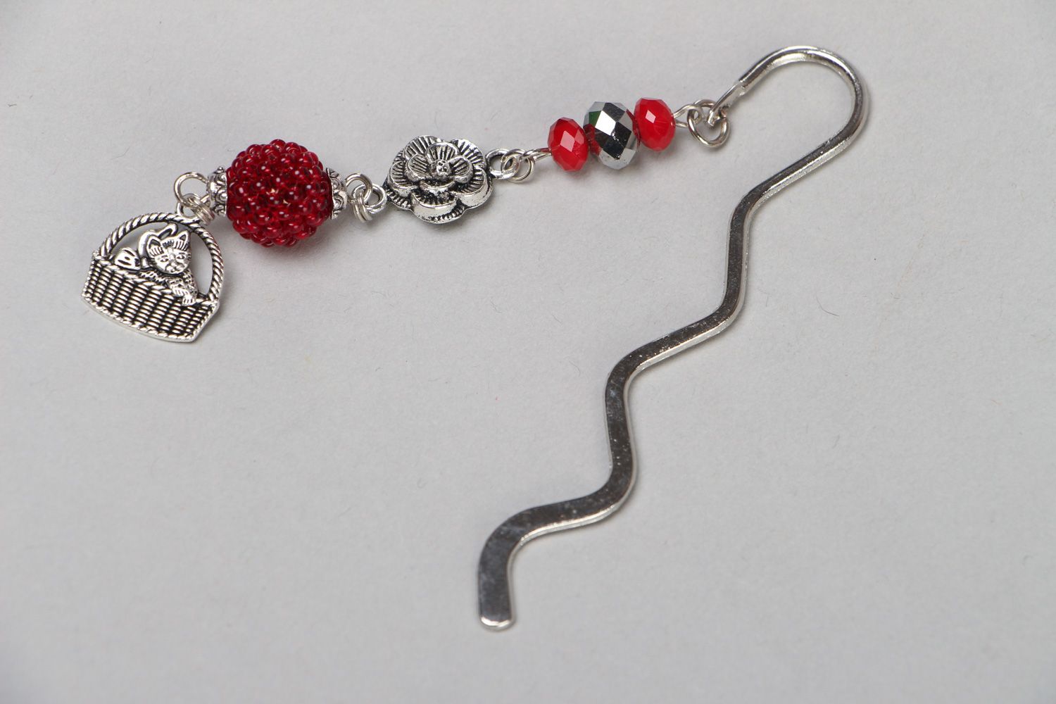 Handmade elegant metal bookmark with glass and Czech beads present for woman photo 1