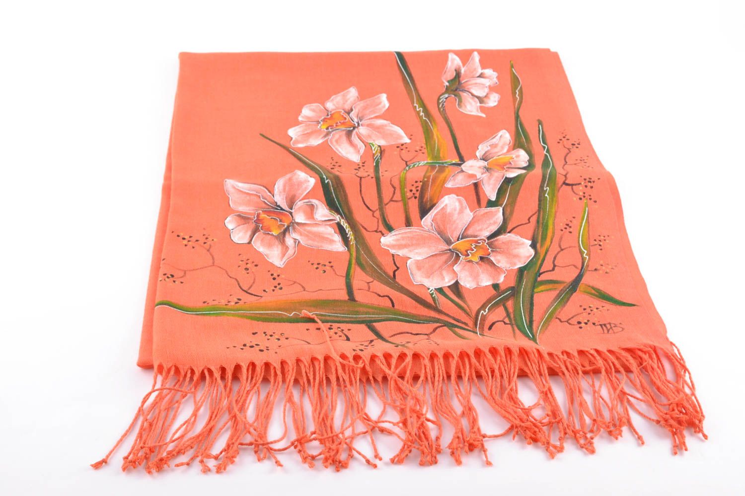 Warm coral cashmere scarf with painting photo 2