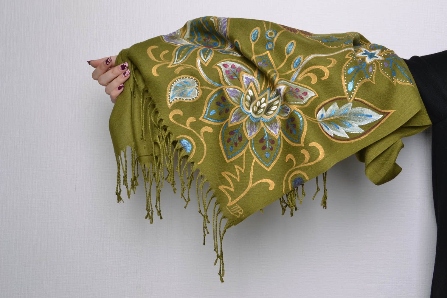 Модный шарф из кашемира с росписью акриловыми красками  зеленый травяной фото 5