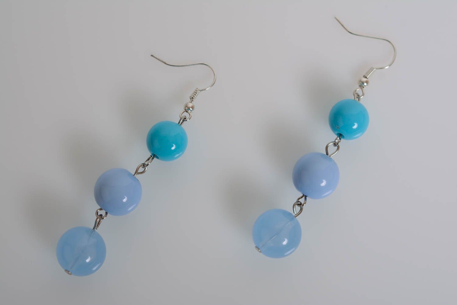 Handmade earrings with plastic beads in blue colors long designer accessory photo 2