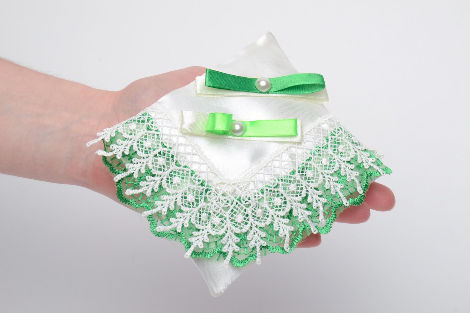 Handmade wedding satin ring bearer pillow with lace in white and green colors photo 5