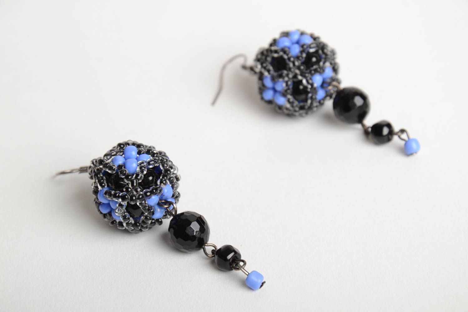 Handmade designer dangling earrings crocheted of blue and black seed beads photo 4