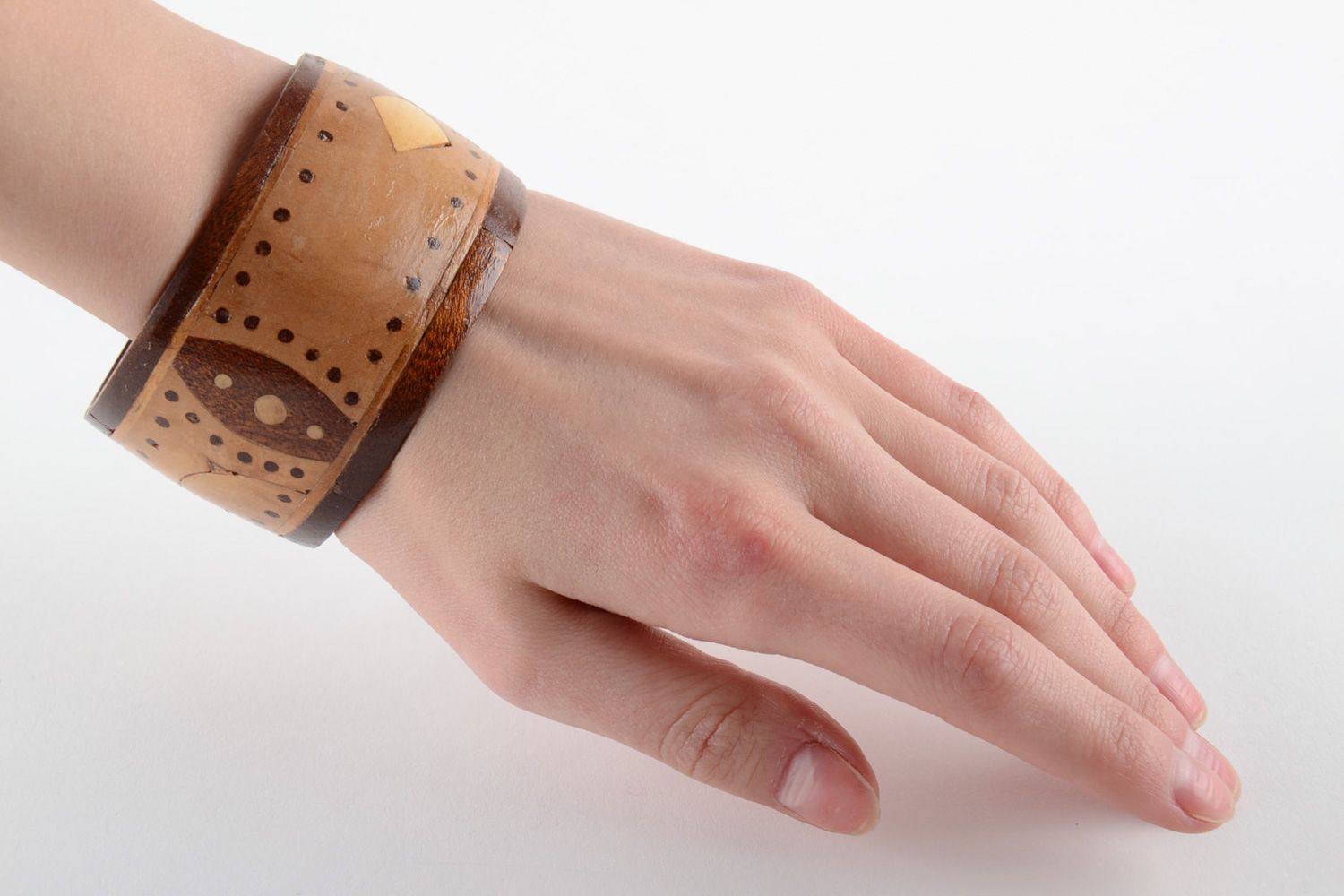 Massive broad wooden handmade wrist bracelet decorated with intarsia for women  photo 6