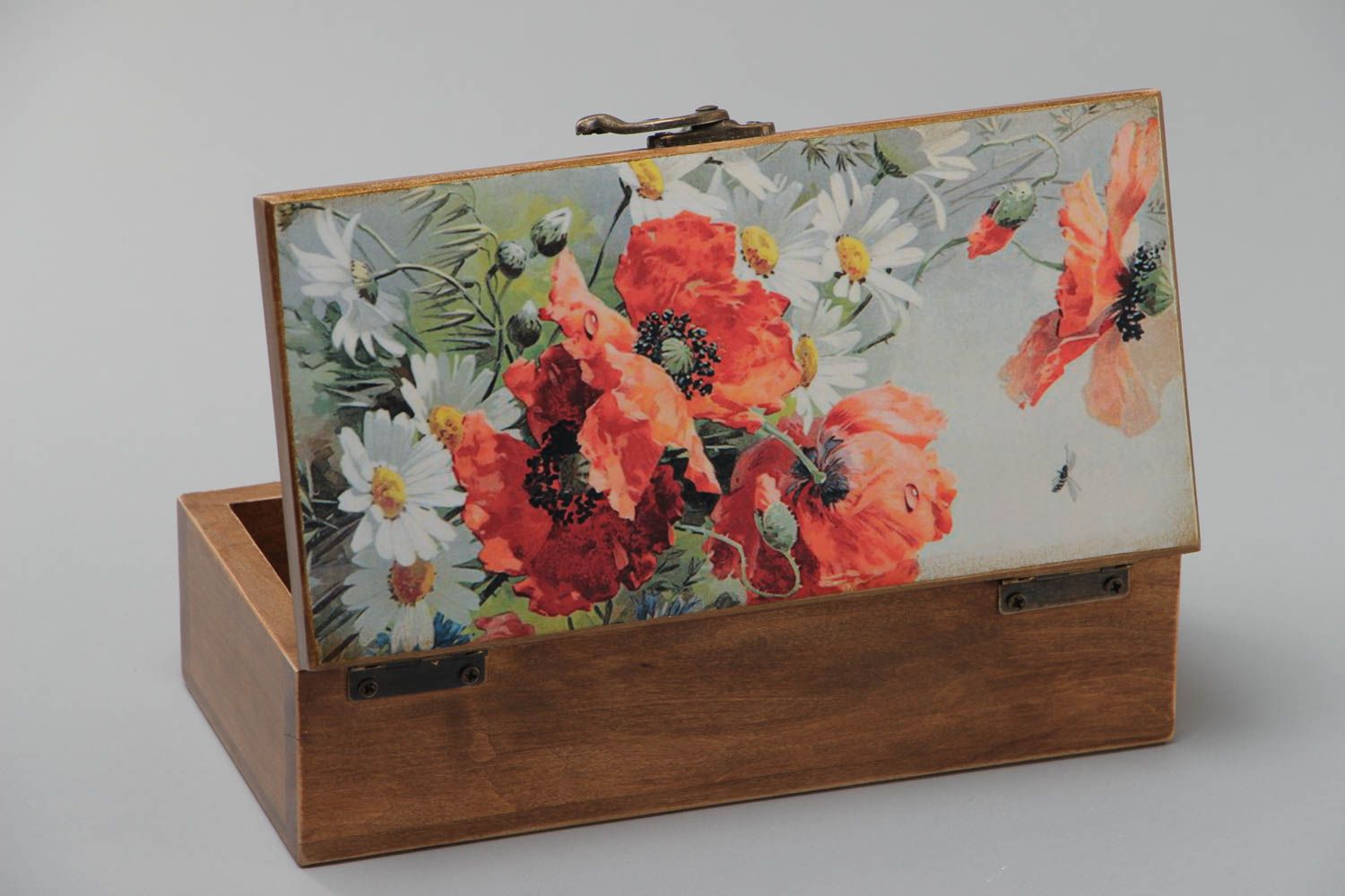 Handmade designer rectangular wooden jewelry box with print on lid Red Poppies photo 2