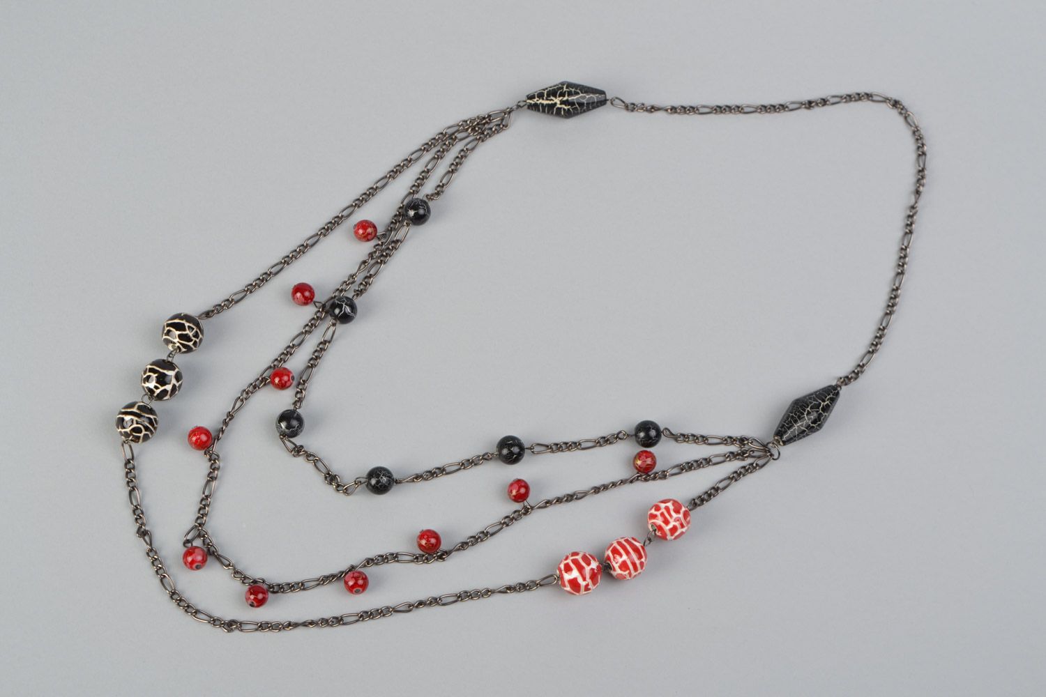 Handmade necklace on long metal chain with ceramic acrylic and glass beads photo 2