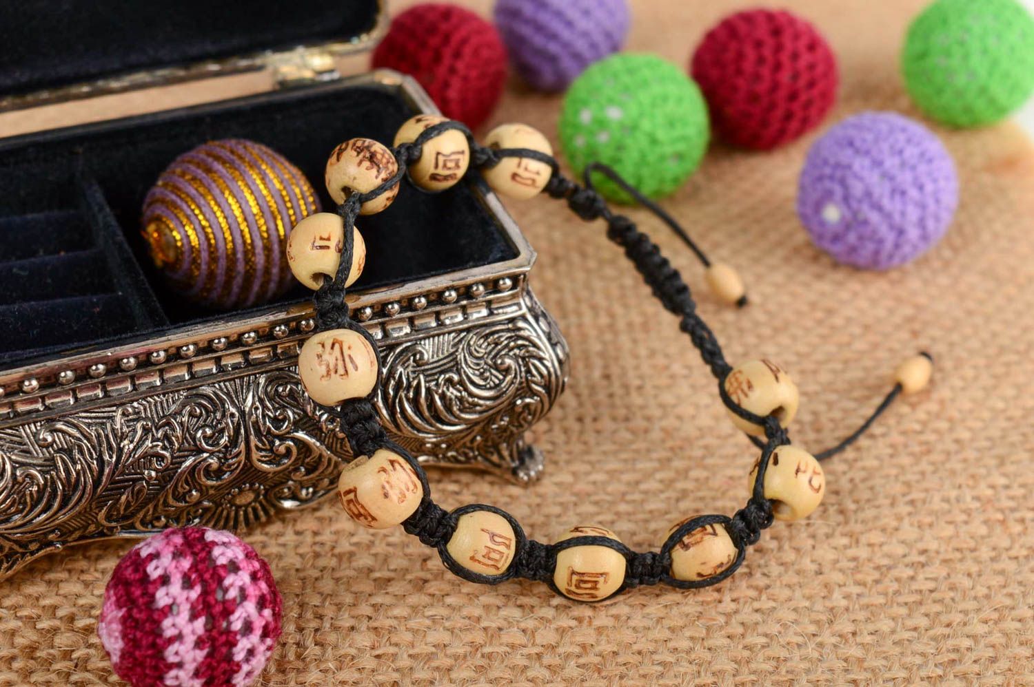 Handmade designer wrist bracelet woven of cord and wooden beads unisex photo 1