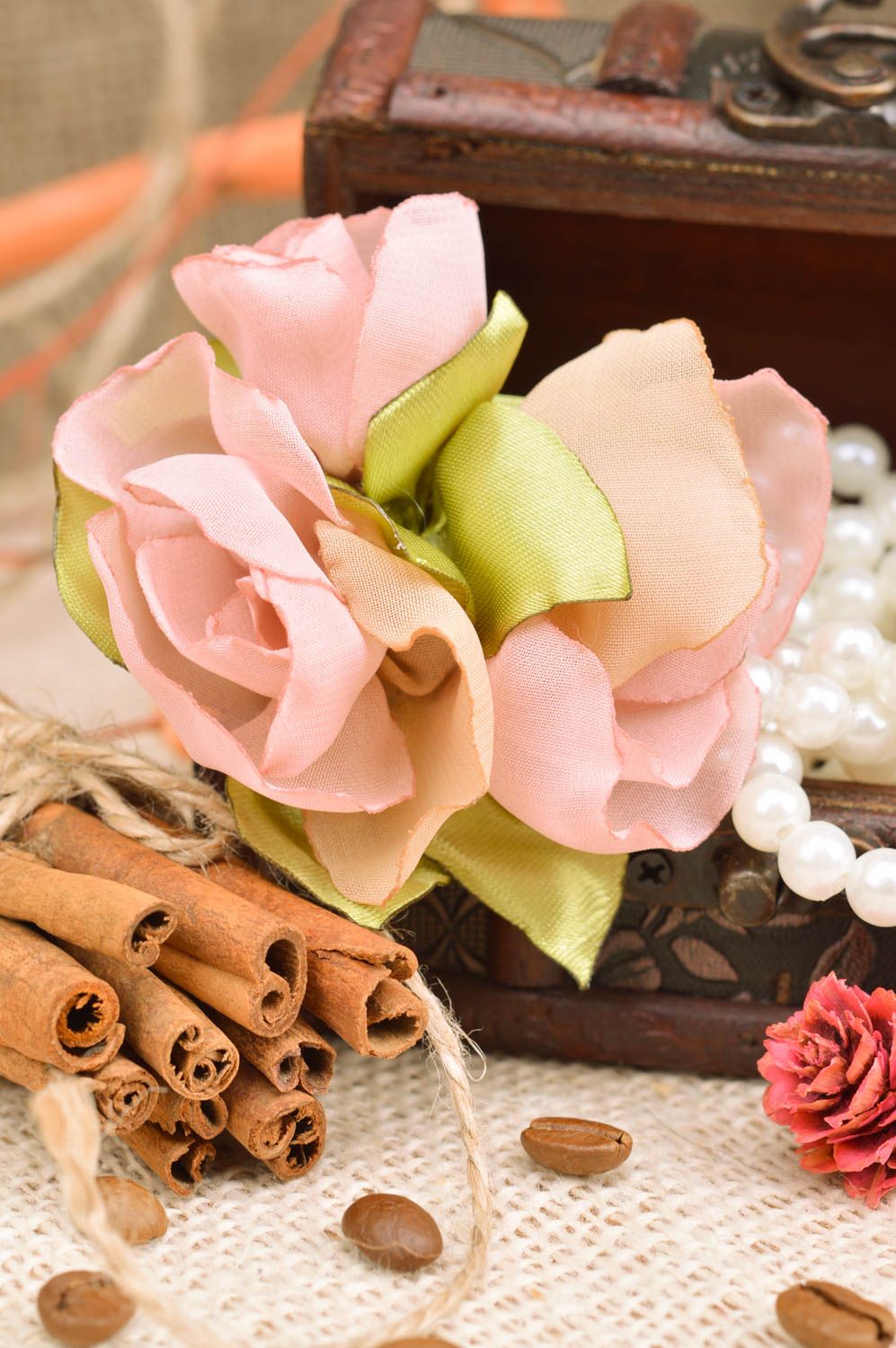 Handmade hair clip brooch with three chiffon and satin fabric pink rose flowers photo 1