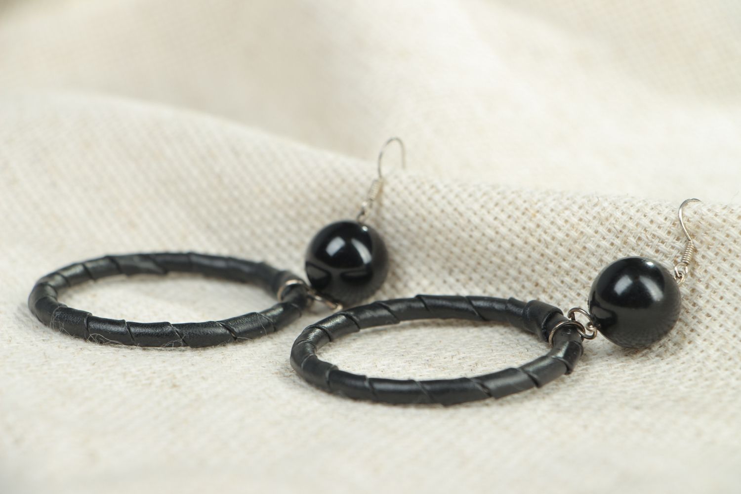 Artificial leather hoop earrings with beads photo 4