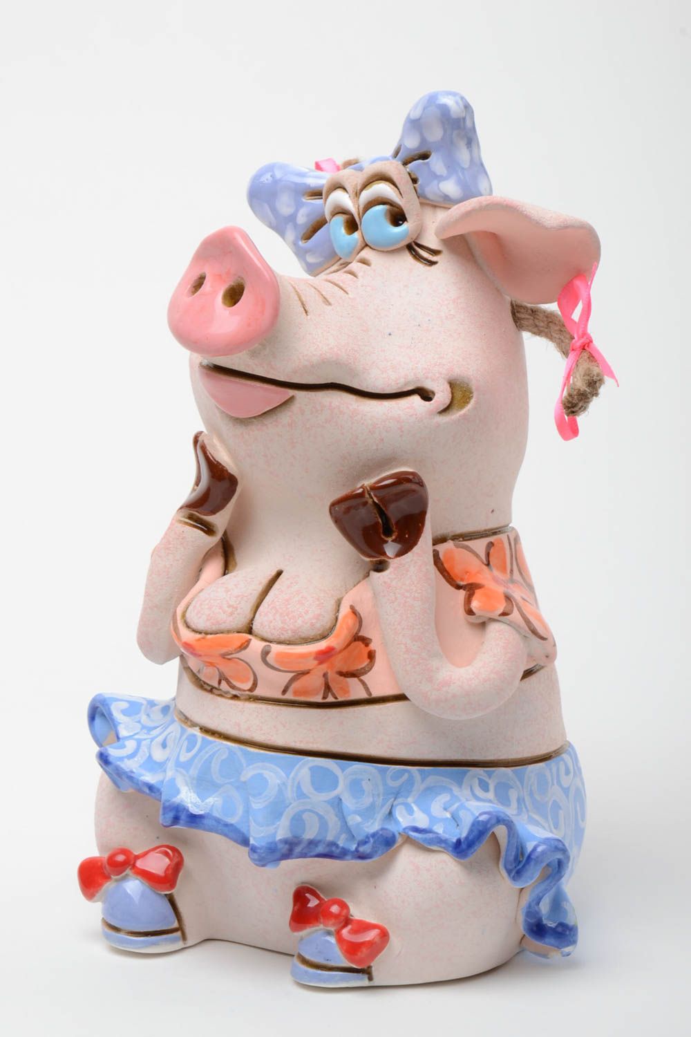 Large handmade interior money box made of clay painted with pigments cute pig photo 2