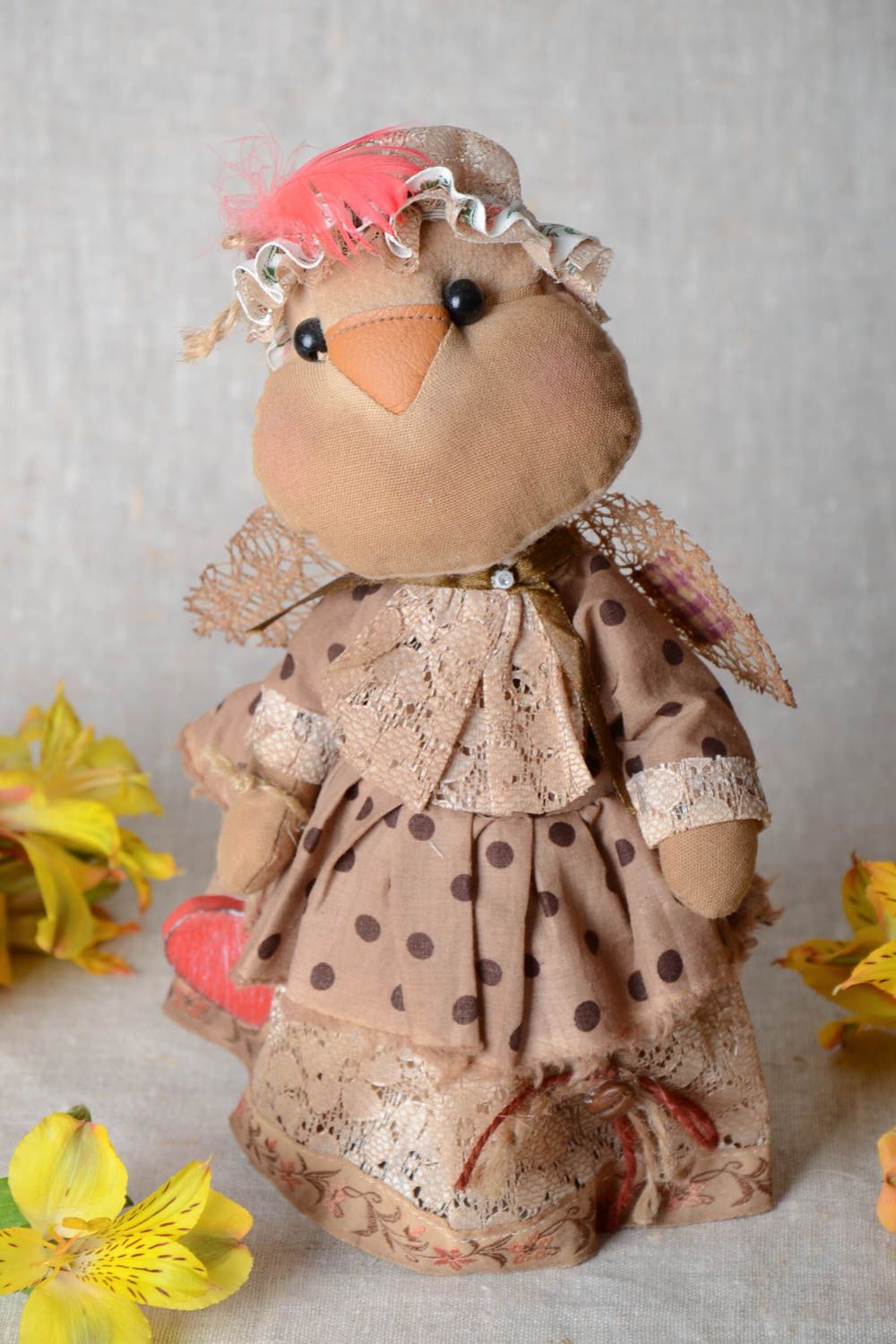 Nice handmade collectible flavored fabric soft toy bird with coffee and vanilla photo 1