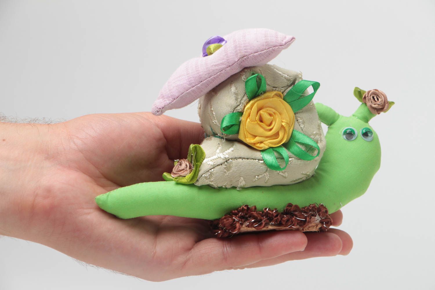 Unusual beautiful handmade soft toy green textile snail photo 5