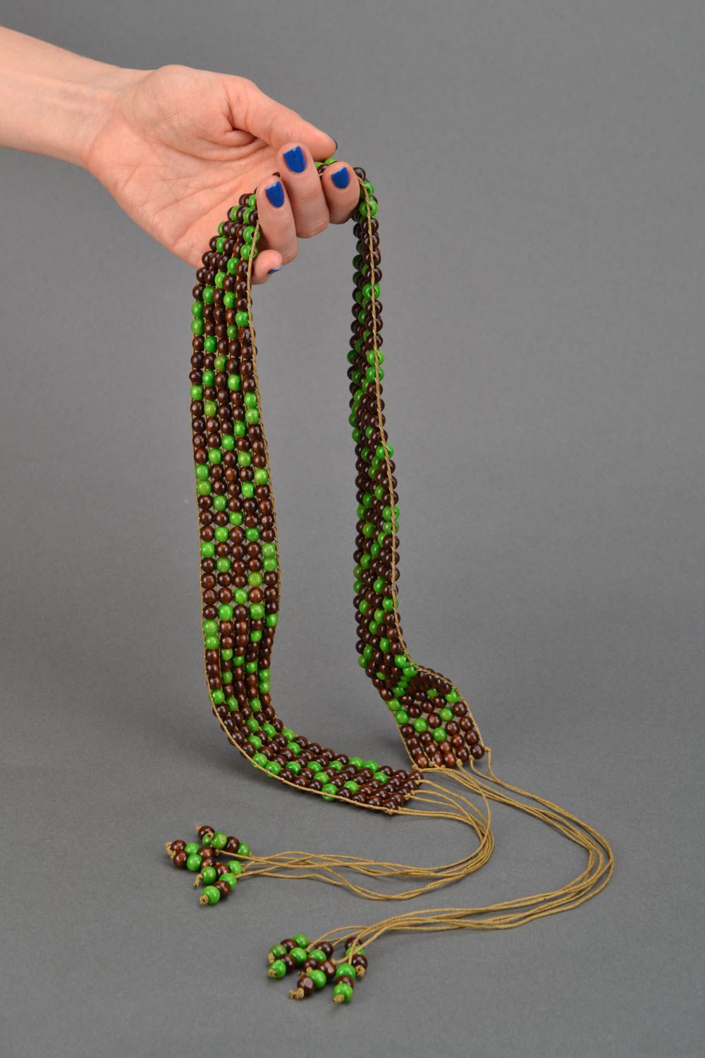 Woven wood bead belt with ties photo 2