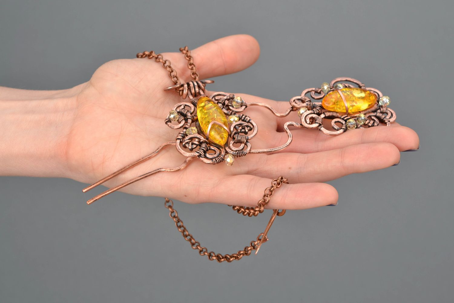 Handmade copper wire wrap jewelry set with amber photo 2