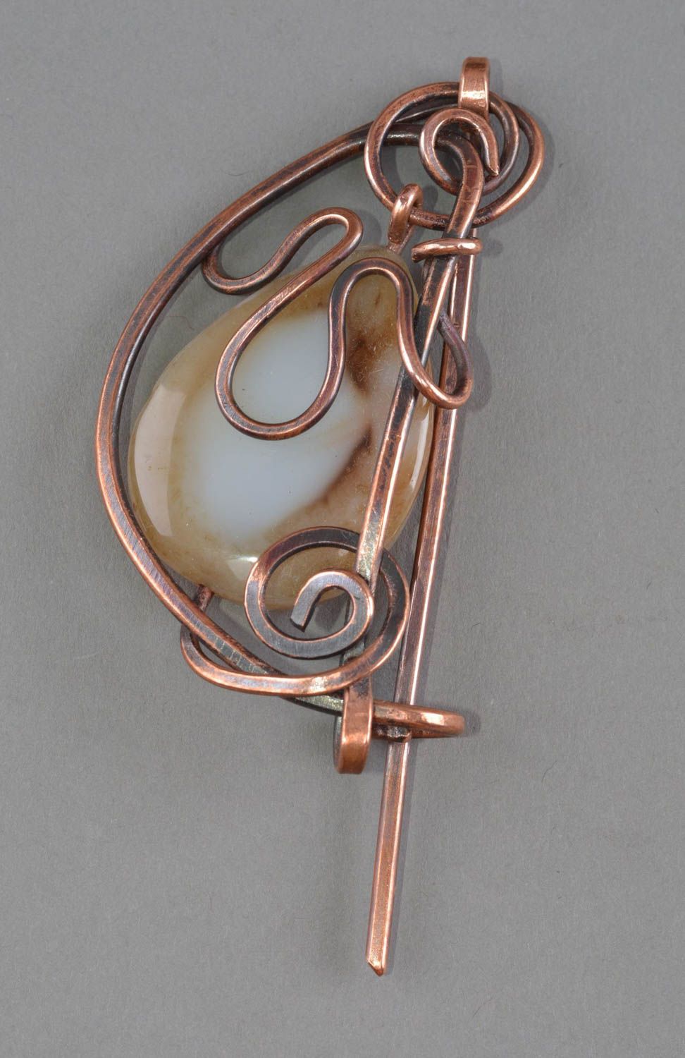 Copper handmade brooch beautiful accessory with natural stone stylish jewelry photo 2