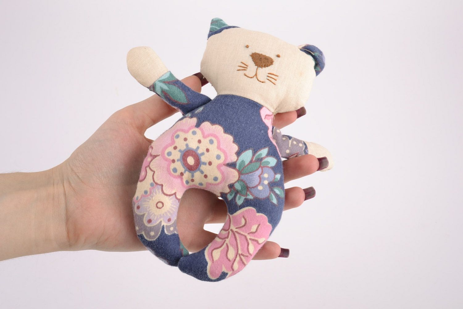 Handmade soft toy sewn of cotton fabric with floral pattern in the shape of cat photo 5