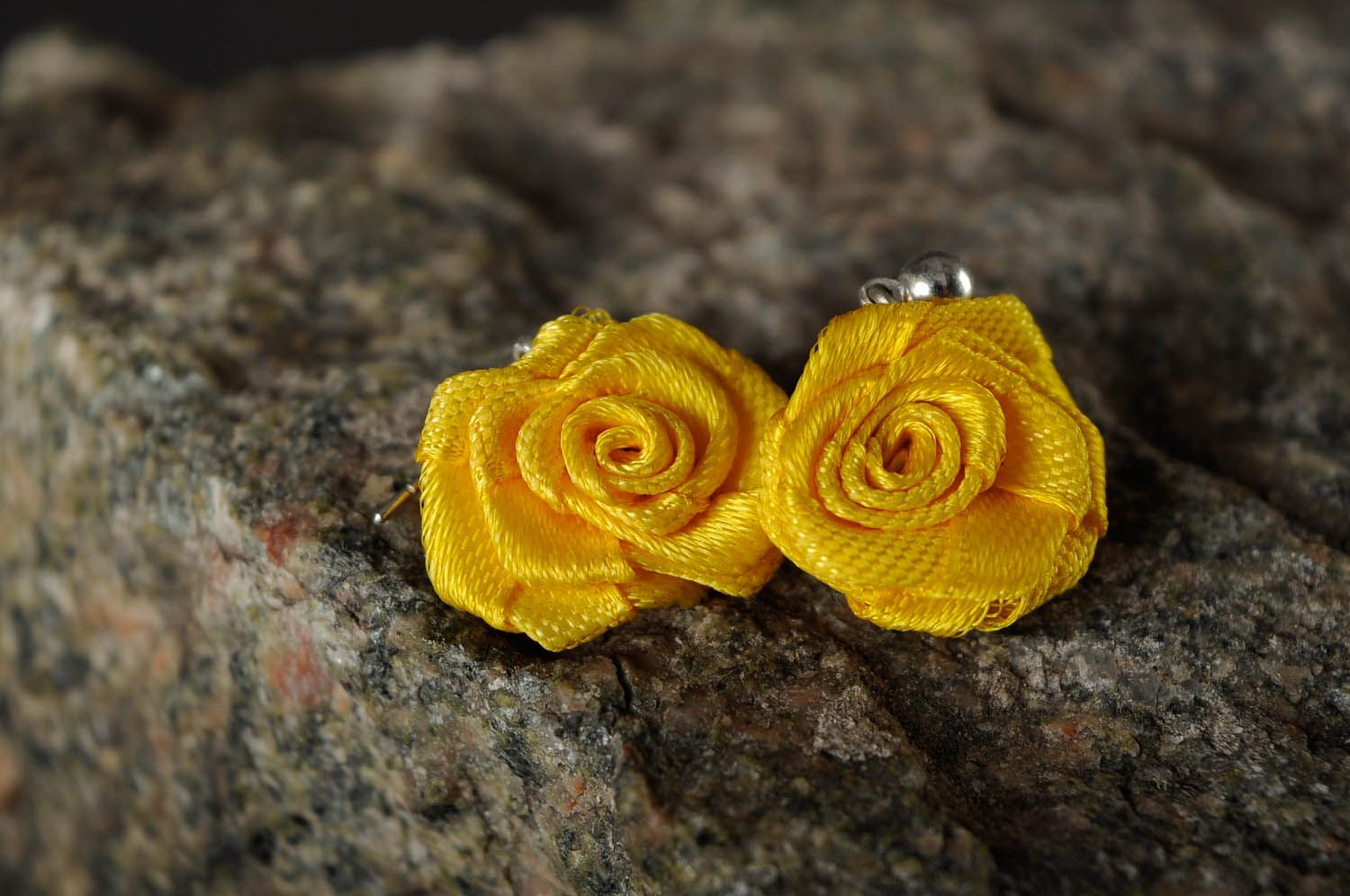 Earrings made of satin ribbons Yellow Rose photo 3