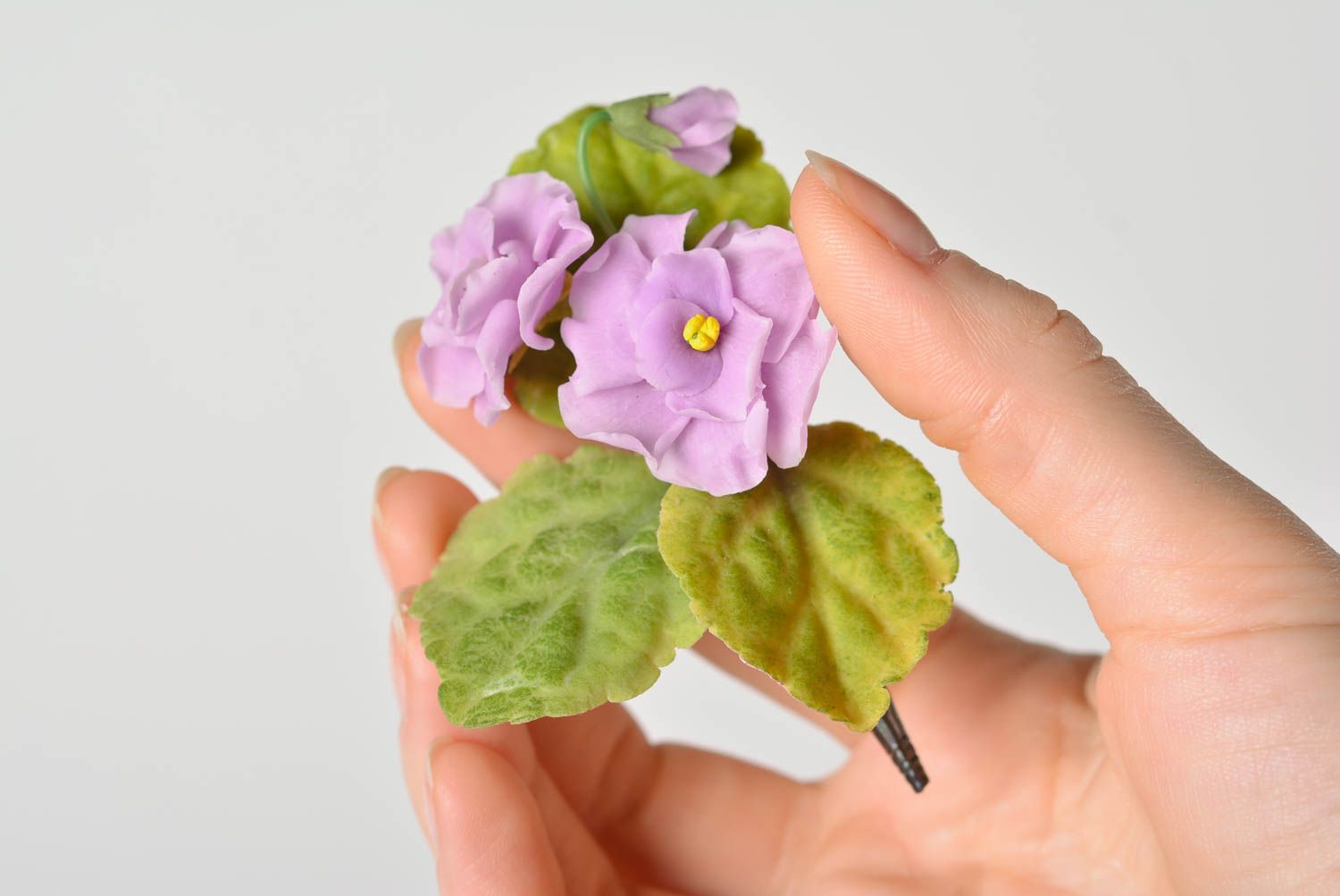 Handmade designer tender brooch with light violet Japanese polymer clay flowers photo 1