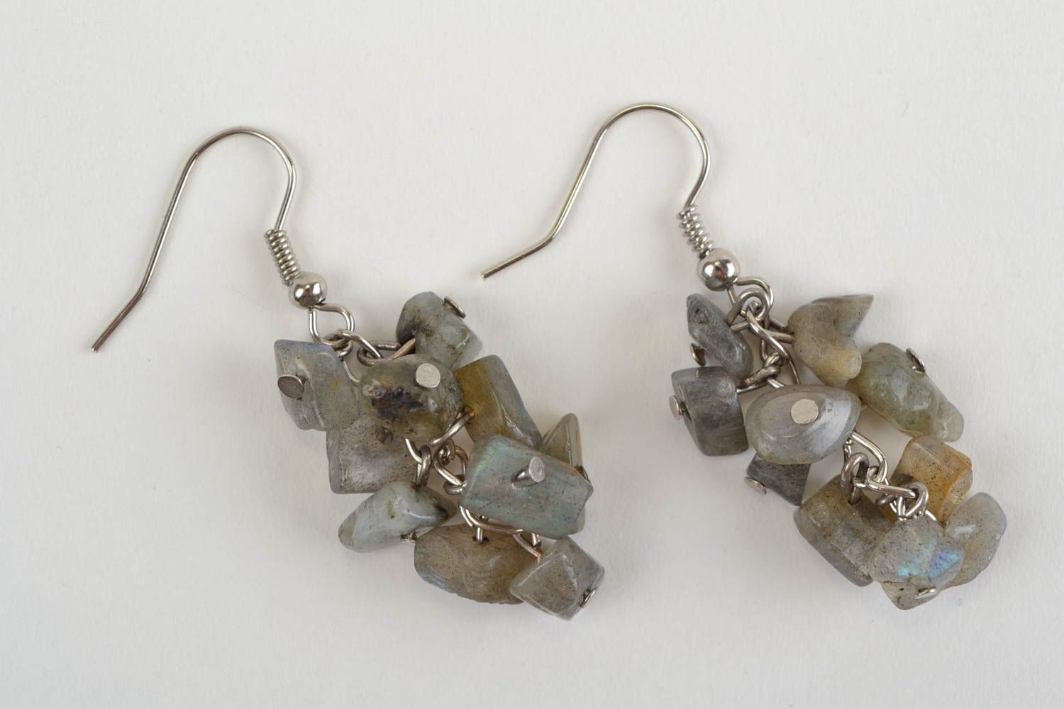 Cute handmade beautiful dark grey earrings with charms made of natural stone  photo 3