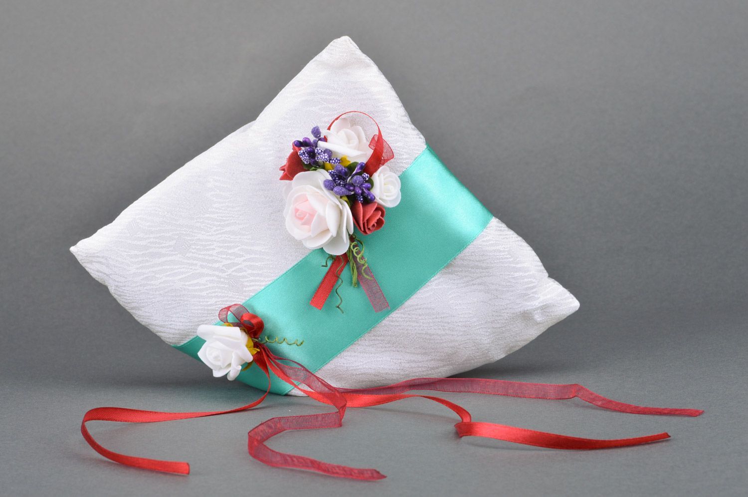 Large handmade ring bearer pillow sewn of satin fabric with ribbons and flowers photo 5