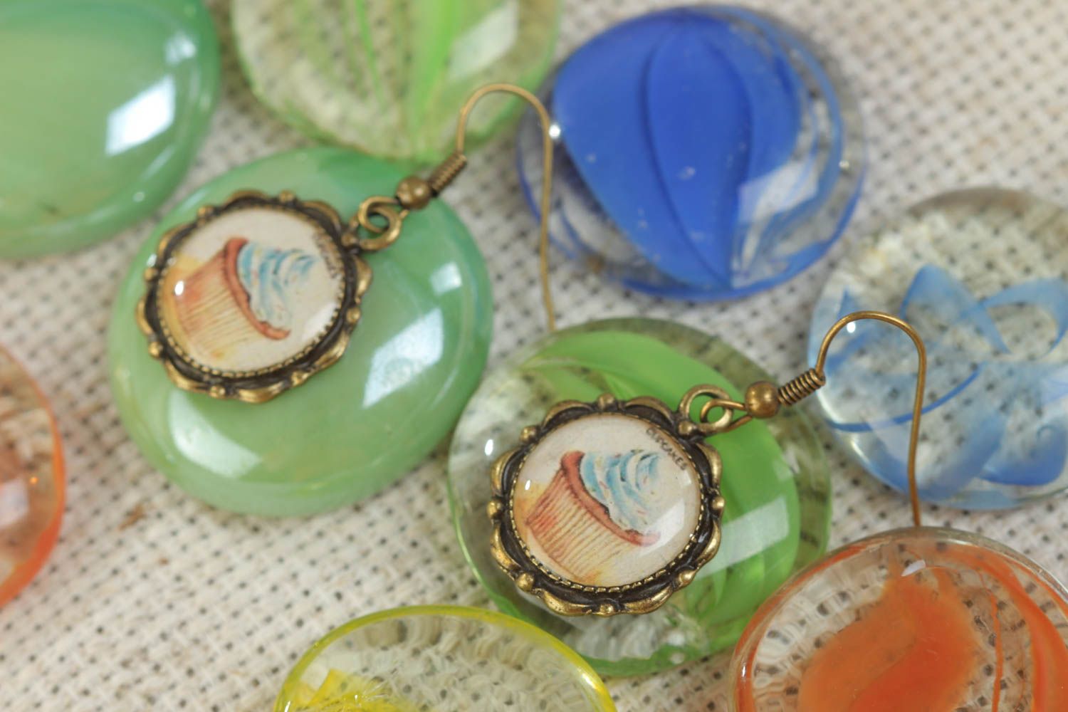 Handmade round earrings with metal basis and imagery of cakes coated with glass photo 1