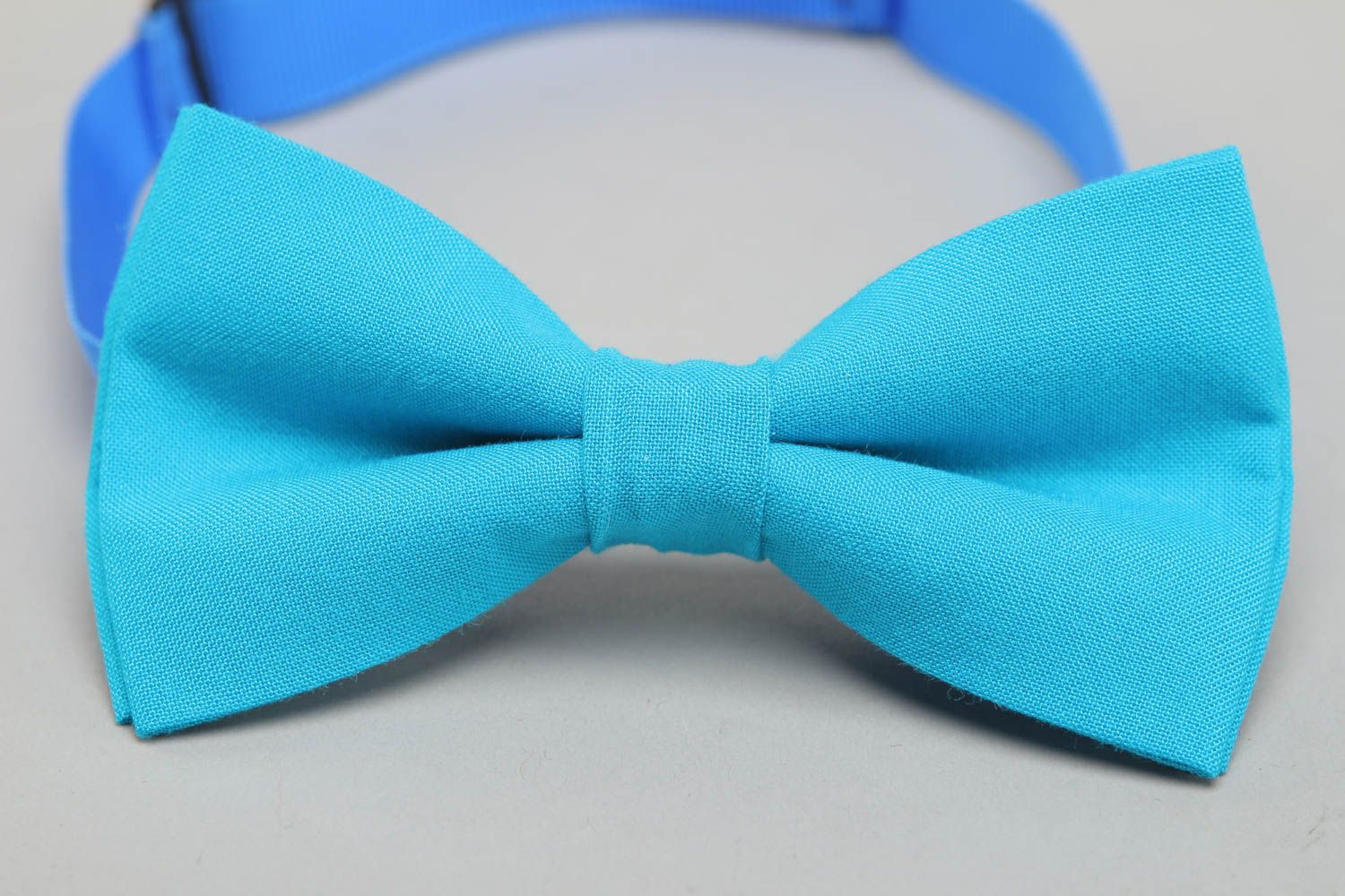 One-colored blue handmade fabric bow tie photo 2