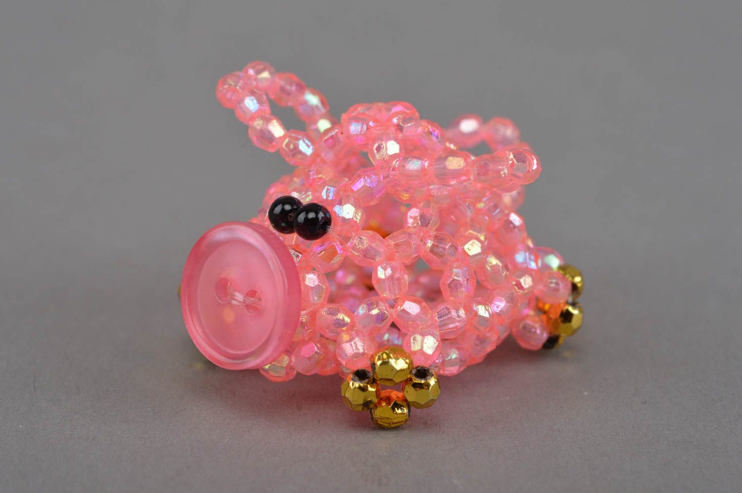 Small unusual handmade woven bead statuette of pink pig designer home decor photo 3