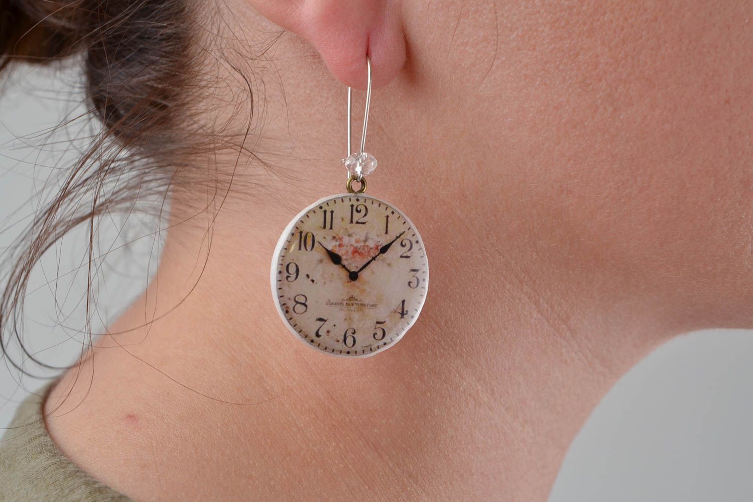 Unusual handmade designer decoupage polymer clay round earrings Clock photo 2