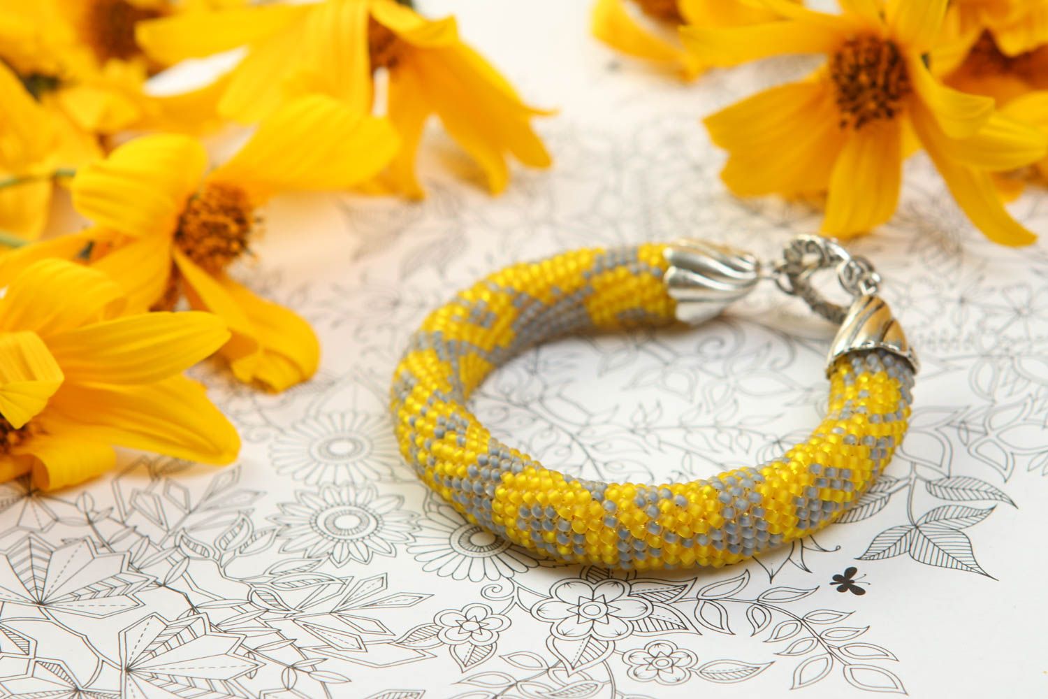 Gray and yellow color handmade beaded cord bracelet with metal fittings photo 1