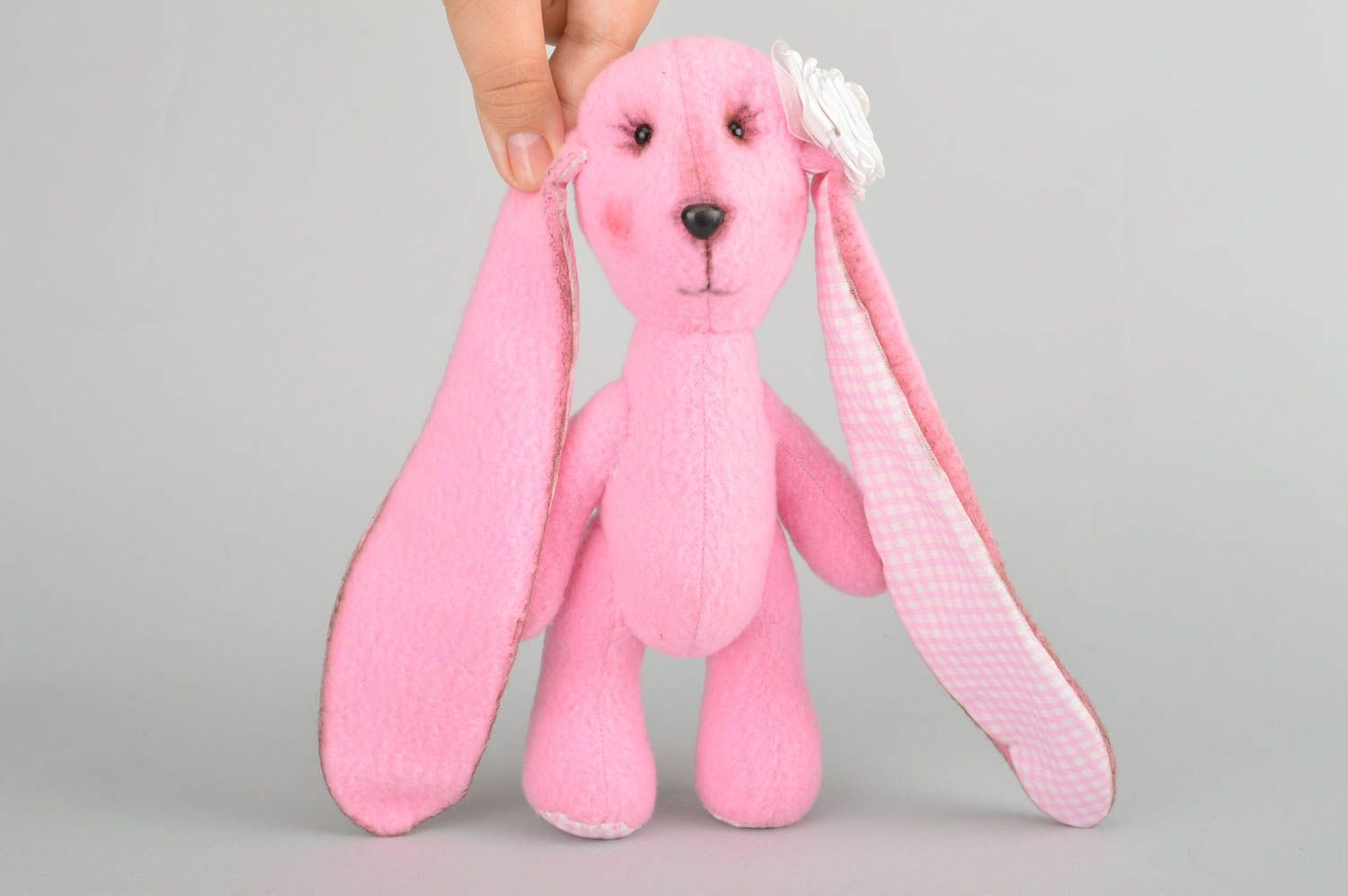 Handmade designer soft toy sewn of fleece and cotton pink rabbit with long ears photo 3