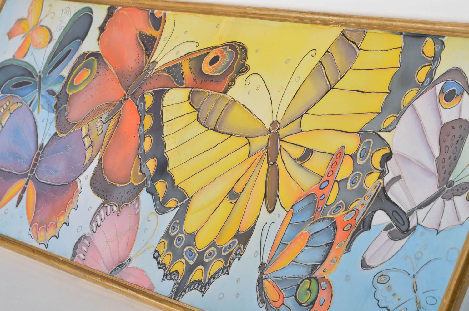 Handgemachtes Stoff Wandbild in Batik Technik Schmetterlinge für Büro Dekoration foto 2
