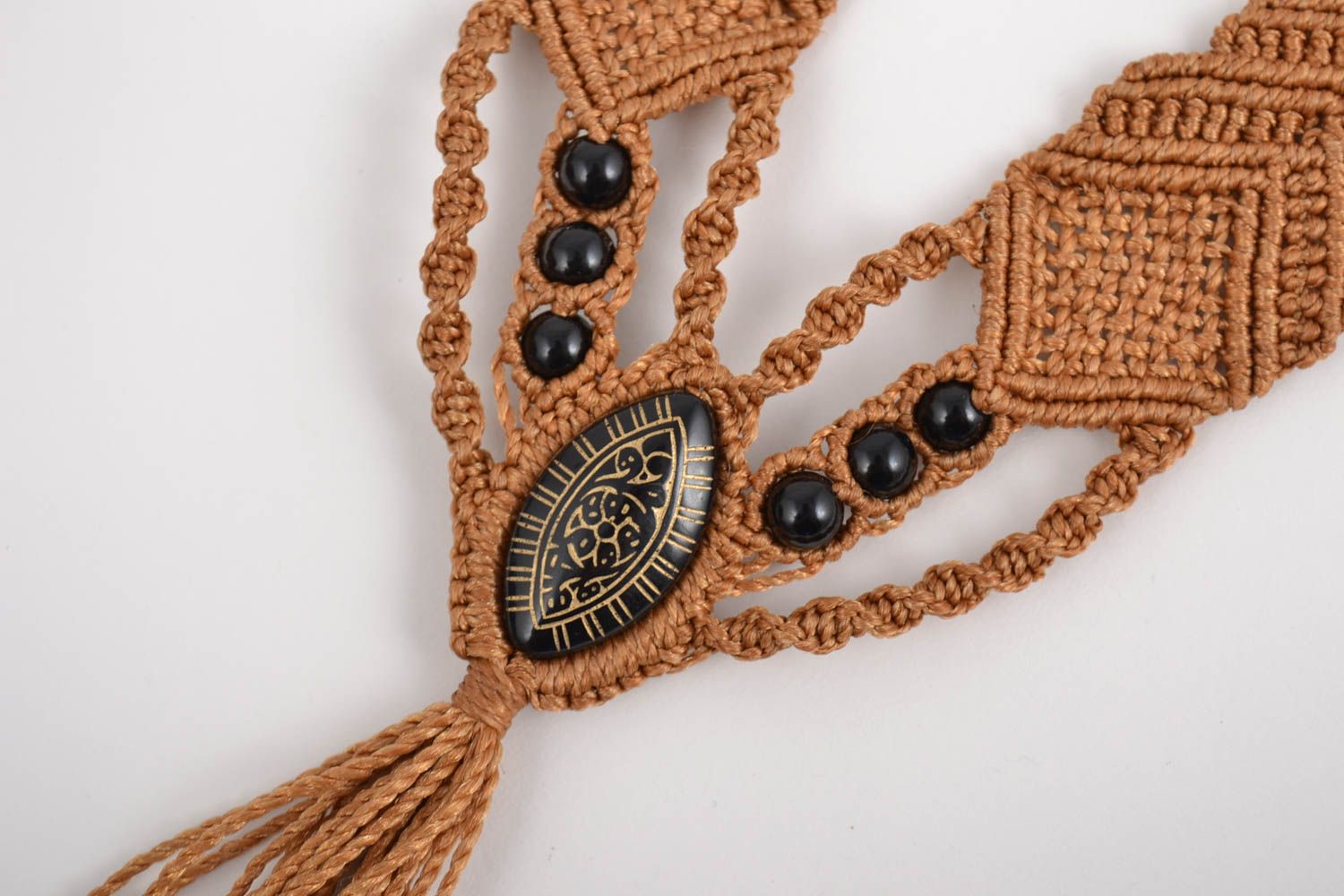 Beautiful brown macrame necklace with beads and tassel handmade accessory photo 2