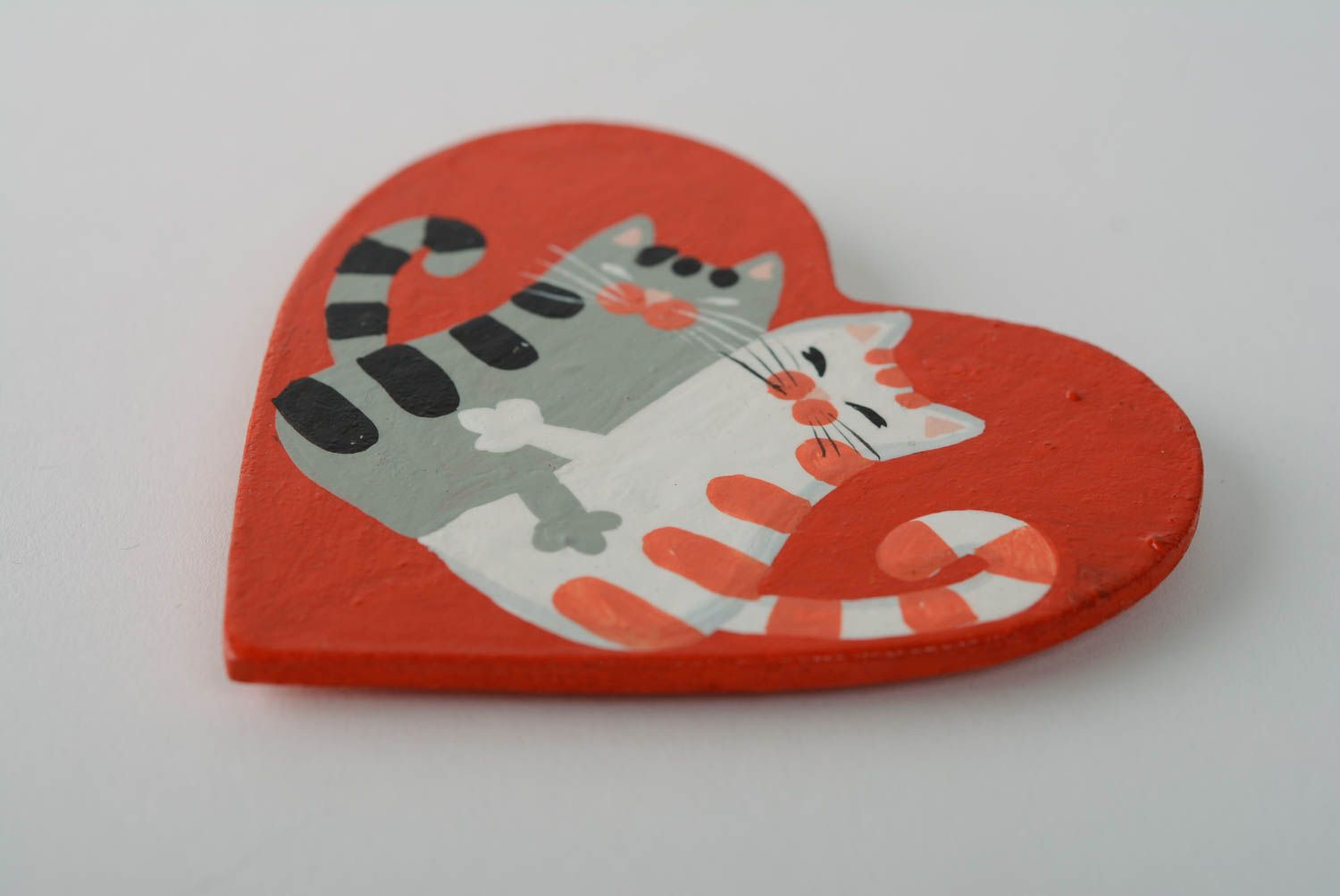 Handcrafted plywood refrigerator magnet in the form of heart with kittens photo 3