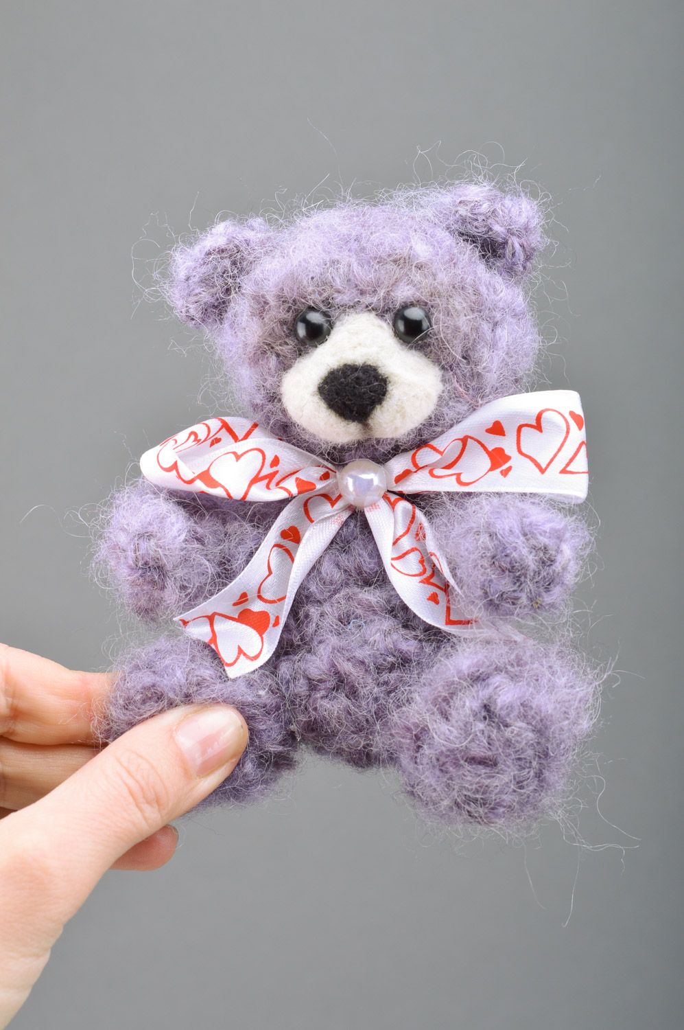 Handmade small soft toy Bear crocheted of mohair threads of violet color photo 3