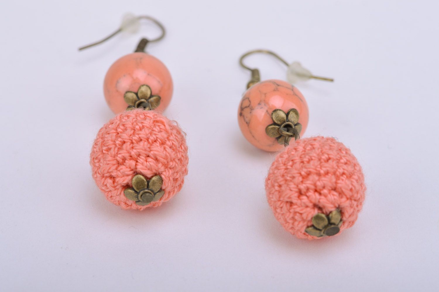 Handmade women's long dangle earrings with crochet over beads of peach color photo 2