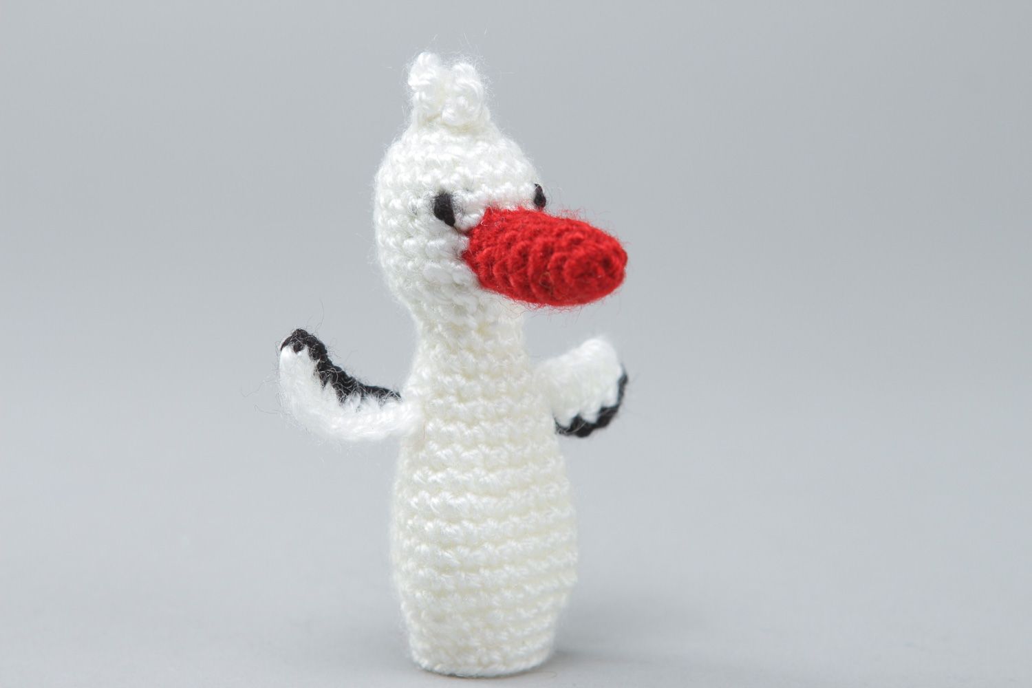 Handmade finger puppet crocheted of acrylic threads white stork for home theater photo 1