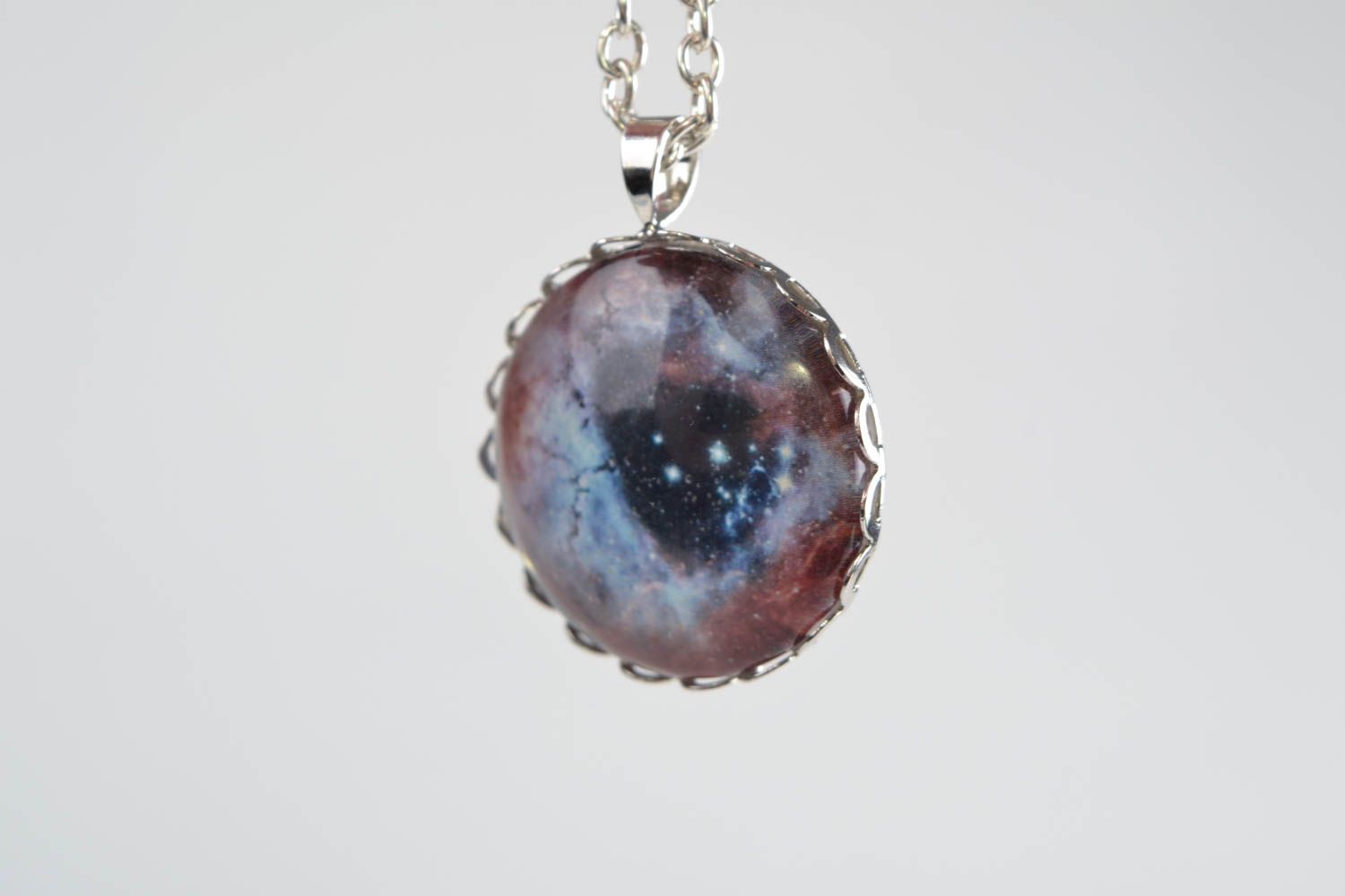 Handmade designer round glass pendant with image of nebula on long metal chain photo 4