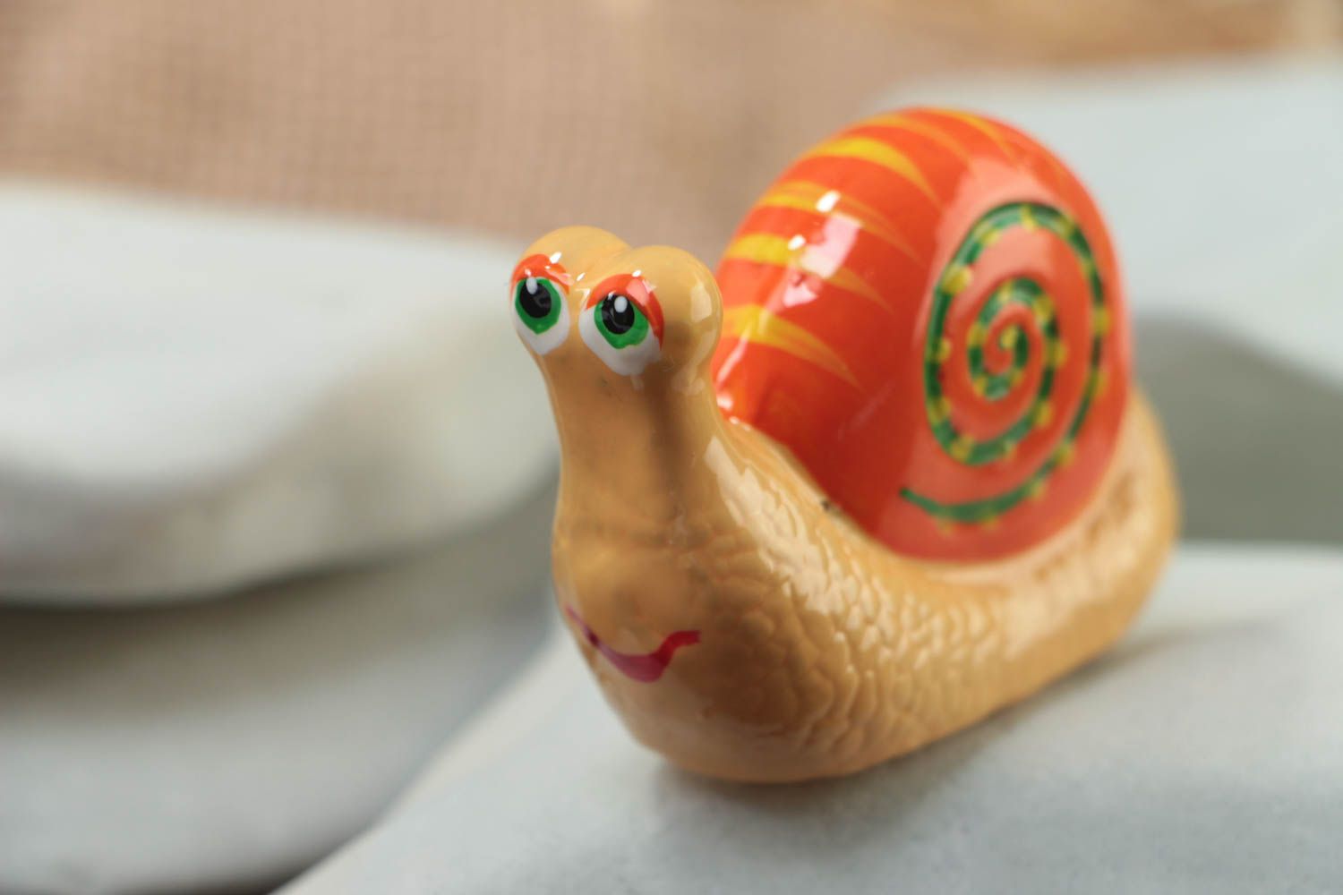 Small homemade beautiful plaster statuette with painting Snail home decor photo 1