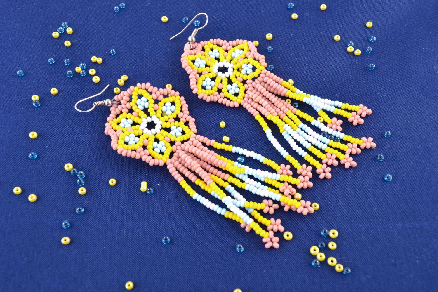 Beautiful bright handmade women's long beaded earrings photo 1