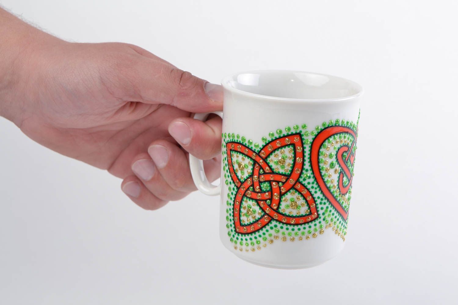 White and green ceramic tea cup with handle and acrylic dot painting Triquetra photo 2