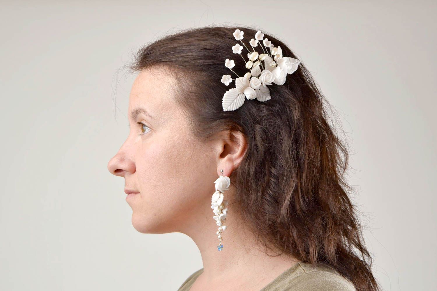 Handmade jewelry set flower hair comb dangling earrings wedding accessories photo 1