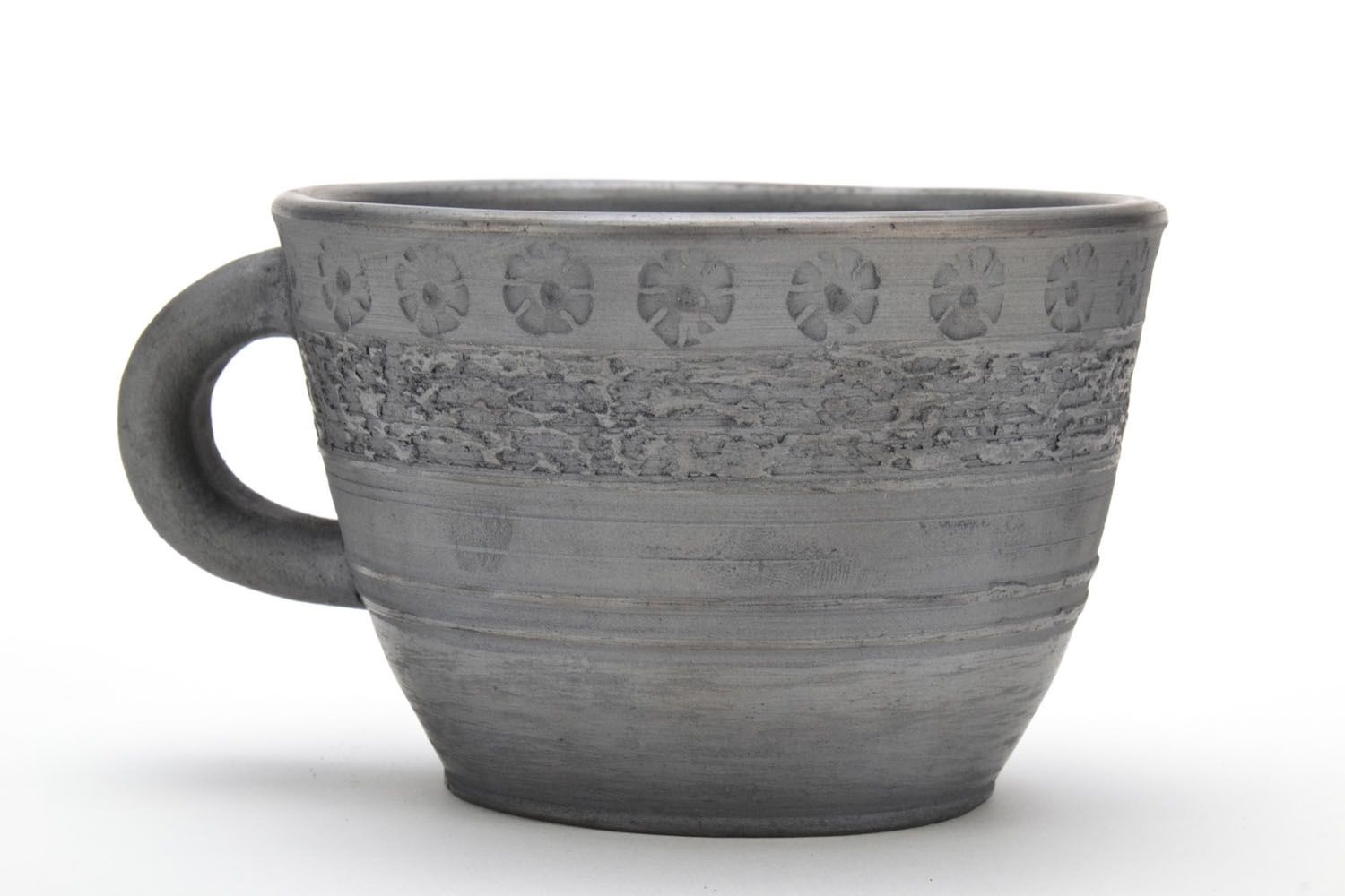 Smoked black natural clay coffee cup with handle and rustic floral pattern photo 5