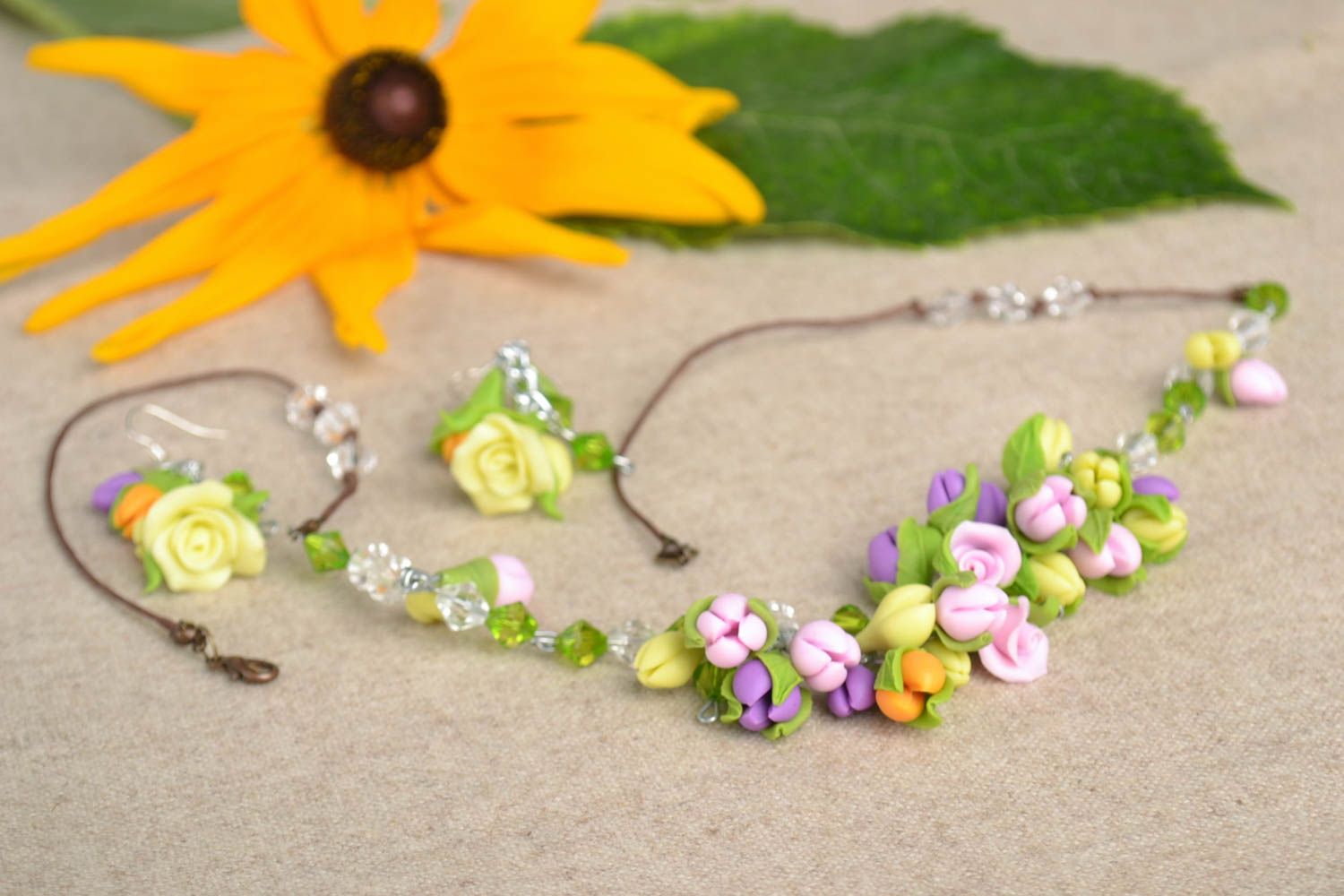 Handmade earrings and necklace with flowers designer floral bijouterie set photo 1