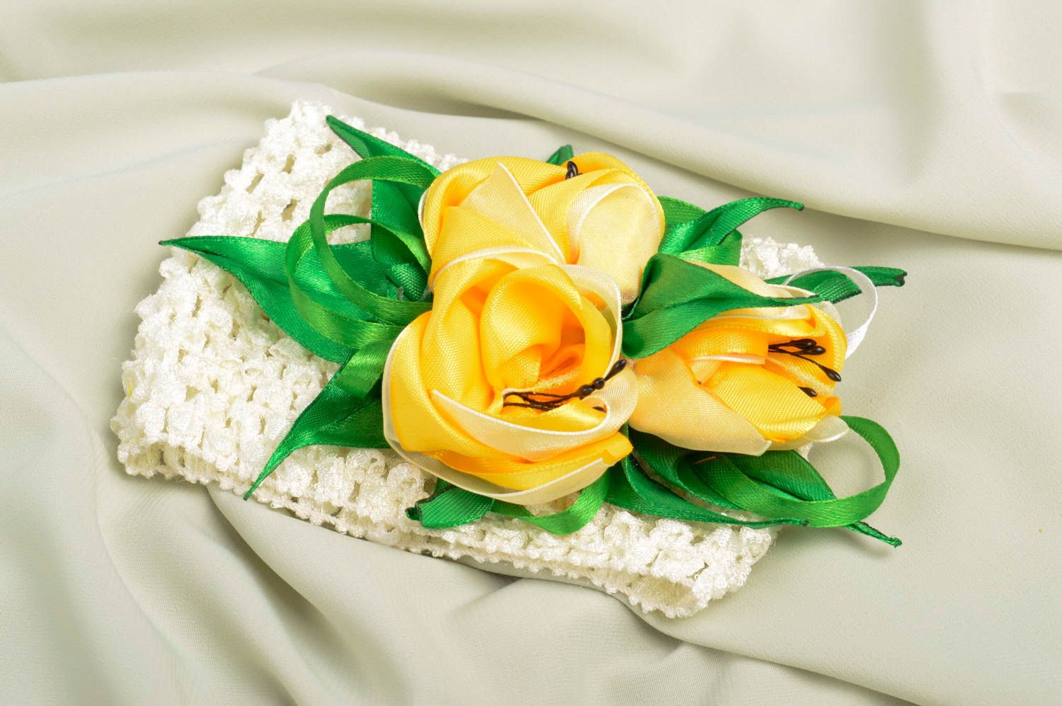 Bandeau cheveux fleurs jaunes fait main élastique original Cadeau fille photo 1