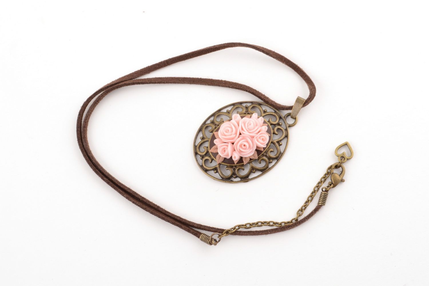 Handmade oval metal pendant on chain with polymer clay pink rose buds  photo 3