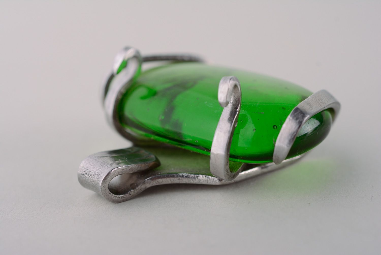 Homemade metal pendant made of cupronickel fork with green artificial stone photo 4
