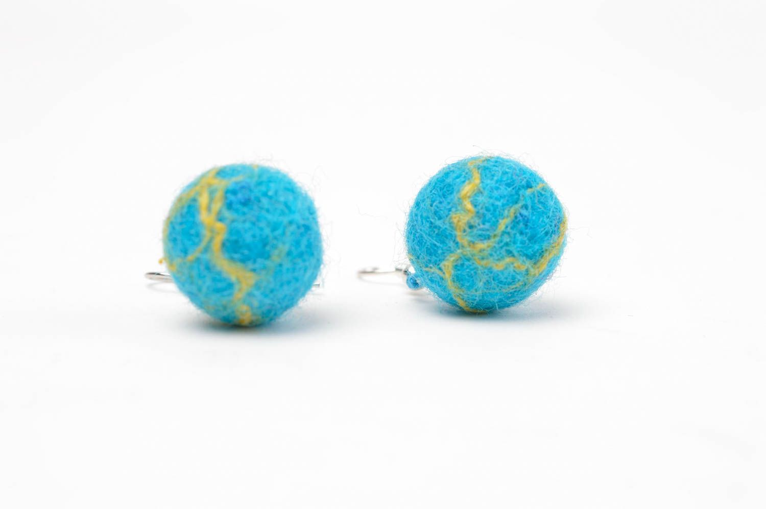 Handmade designer blue earrings cute earrings made of wool cute accessory photo 3