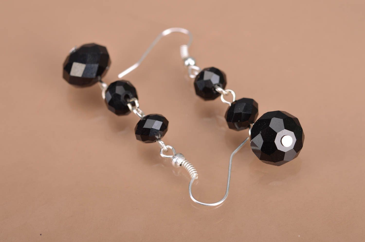 Long festive evening women's dangle earrings hand made of black faceted beads photo 5